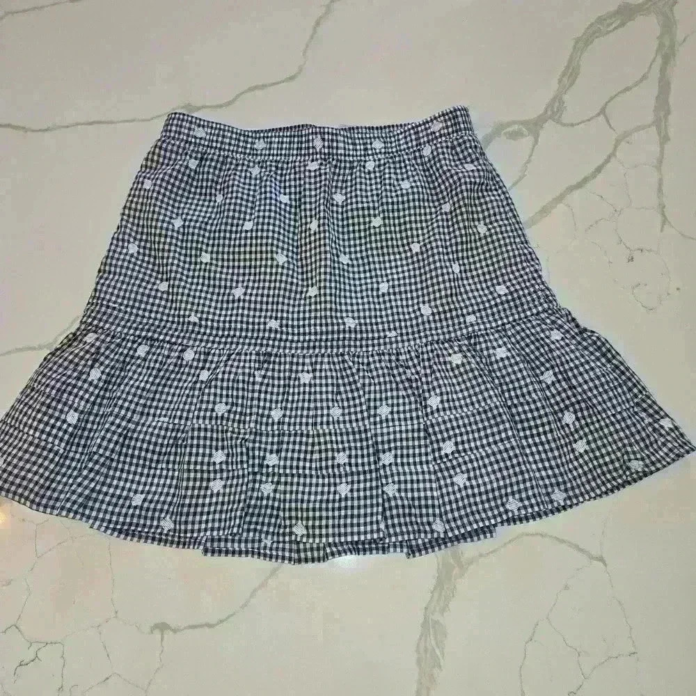 NWT Madewell Womens Embroidered Tiered Gingham Mini Skirt Navy White Size Small